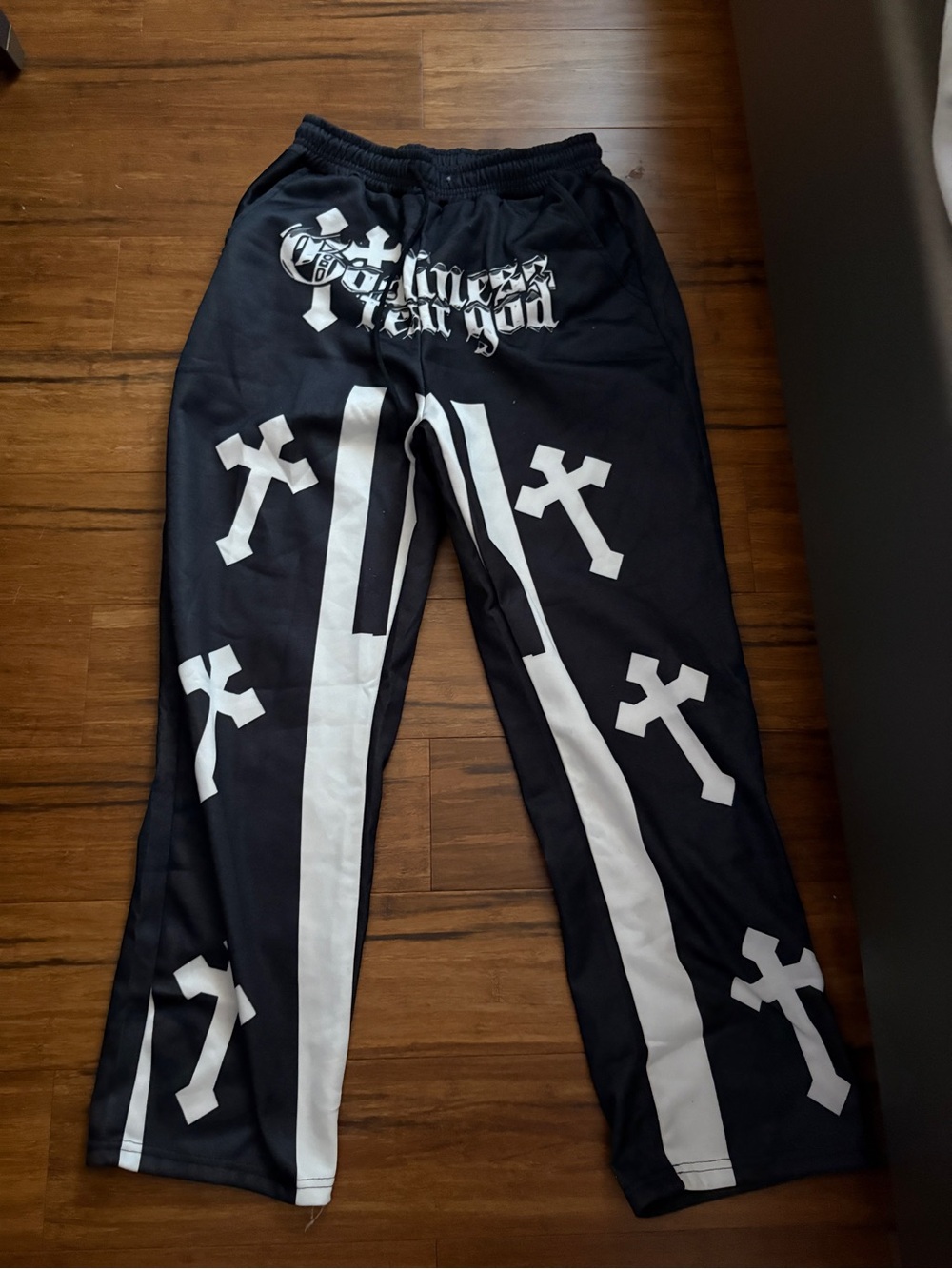 SHEIN Black Track Pants with White Cross Graphics